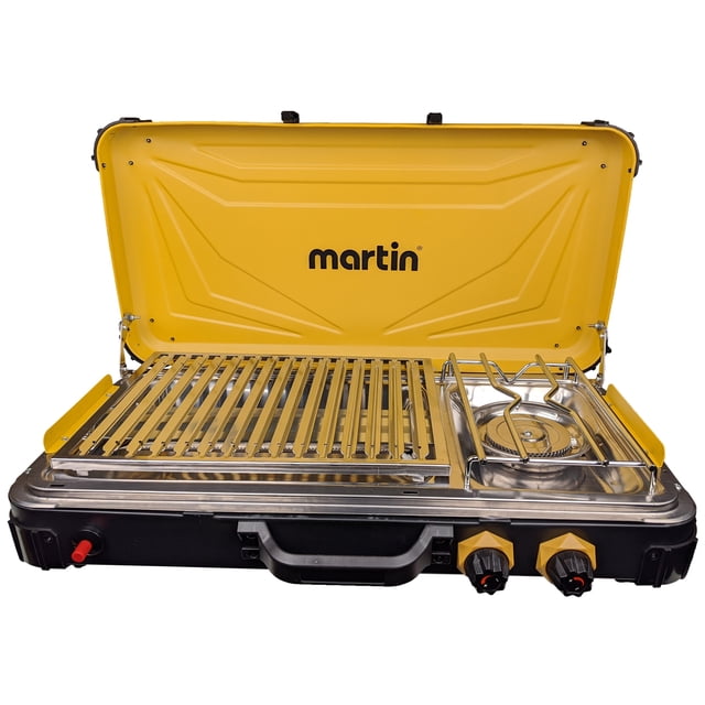 Martin Camp Stove and Grill Combo - Portable Propane Gas Burner and BBQ for Camping and Outdoor Cooking. Designed for outdoor cookers, it features a yellow lid with the Martin logo, a stainless steel grill grate, and a gas burner with separate temperature control knobs. Includes built-in carrying handles, a piezo ignition system for matchless lighting, and compatibility with propane cylinders and tanks.