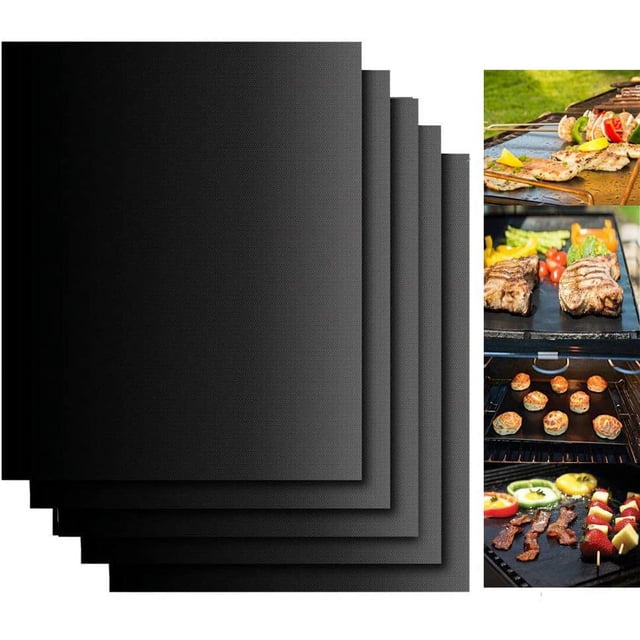 BBQ Grill Mat, set of 5 non-stick barbecue baking mats made of Teflon-coated fiberglass fabric, heat-resistant and easy to clean, each measuring 44 x 30 cm with a thickness of 0.2mm. The mats are shown stacked on the left, with examples of grilling food like vegetables, meat, and baked items on the mats in various settings on the right.