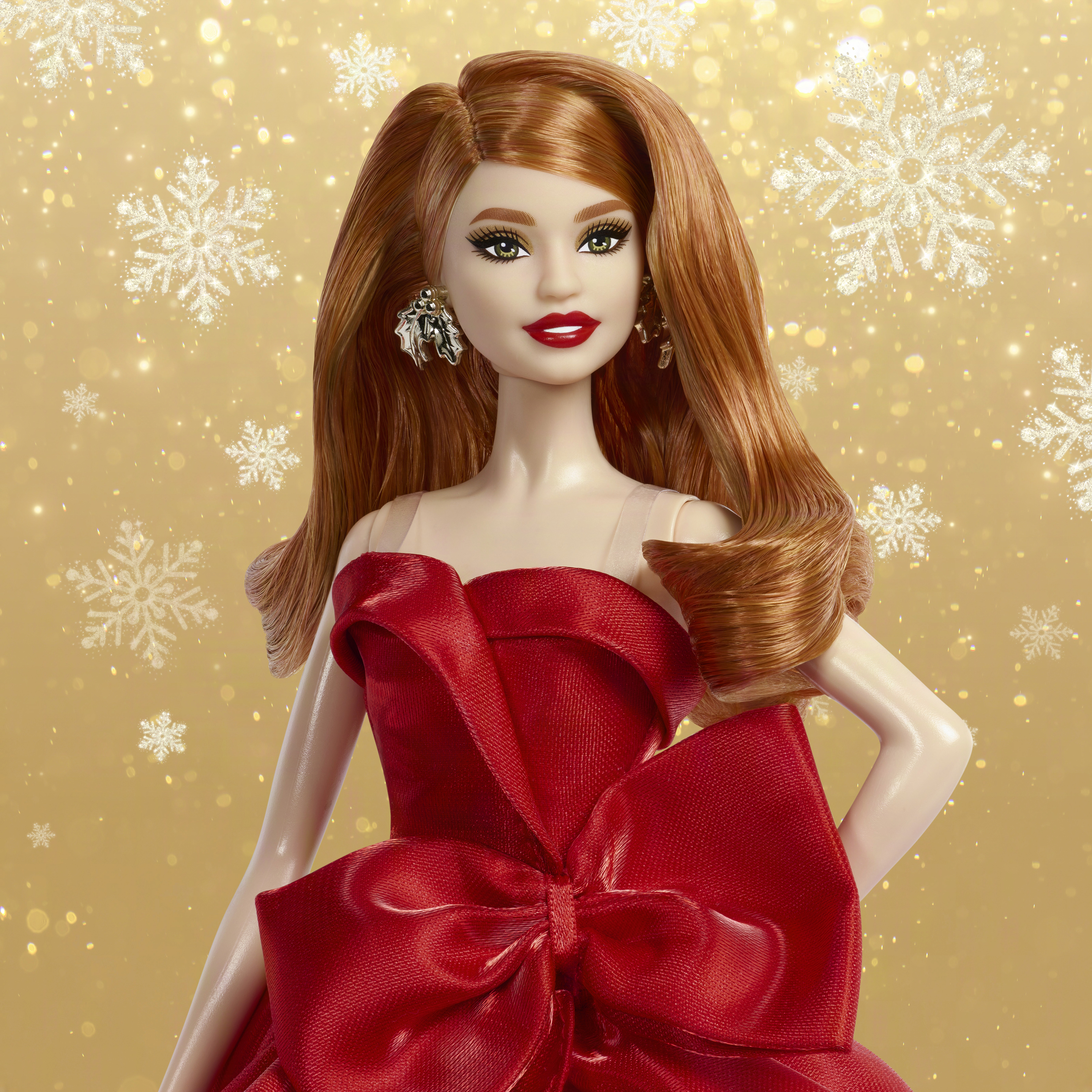 Poupée mode Barbie Joyeux Noël 2026​Barbie Signature, poupée saisonnière à collectionner, cheveux roux, robe rouge avec nœud