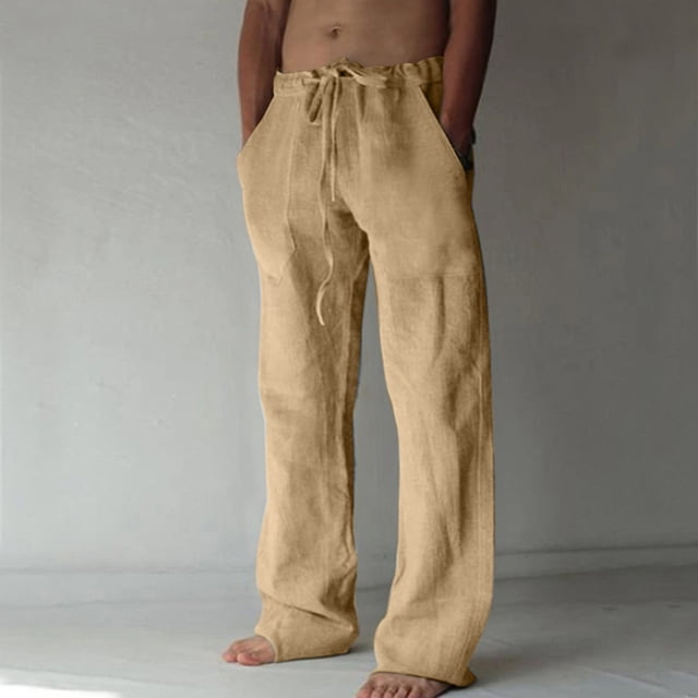 TIMIFIS Mens Casual Beach Pants Loose Elastic Waist Drawstring Straight Legs Summer Solid Color Cotton and Linen Pants with Pockets - Spring/Summer