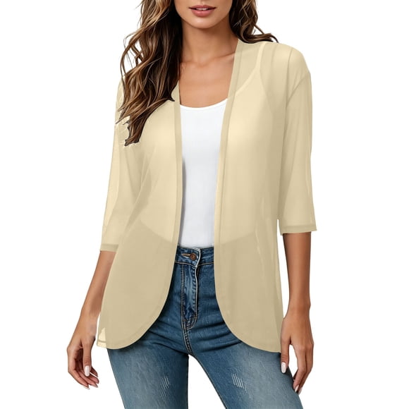 SZJXBUY Women' Cardigan Dressy Casual Chiffon Shrug Cardigans Open Front 3/4 Sleeve Lightweight Sheer Layering Top for Dresses Beige,XXL