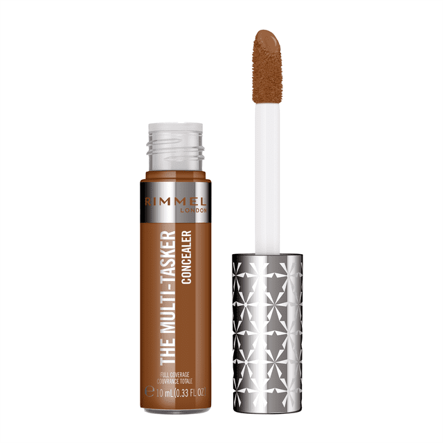 Rimmel Multi-Tasker Concealer, large soft wand, blendable formula, full coverage, crease-proof, transfer-proof & waterproof, 100% Cruelty-Free — tube with large soft-touch applicator wand, creamy concealer for concealing blemishes, brightening under-eye areas and evening skin tone; suitable for targeted spot application or full-face blending, often used to temporarily mask small photo tattoos.