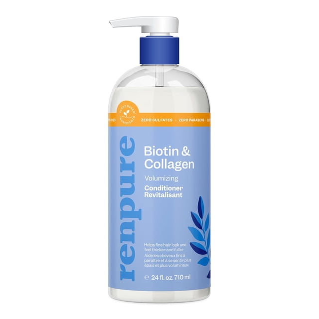 Renpure Biotin & Collagen Conditioner in a clear 24 fl oz pump bottle with a blue label, featuring a plant-based nutrient-infused formula that is pH balanced and free of sulfates and parabens, designed to volumize fine, thin, or limp hair for thicker, fuller look.