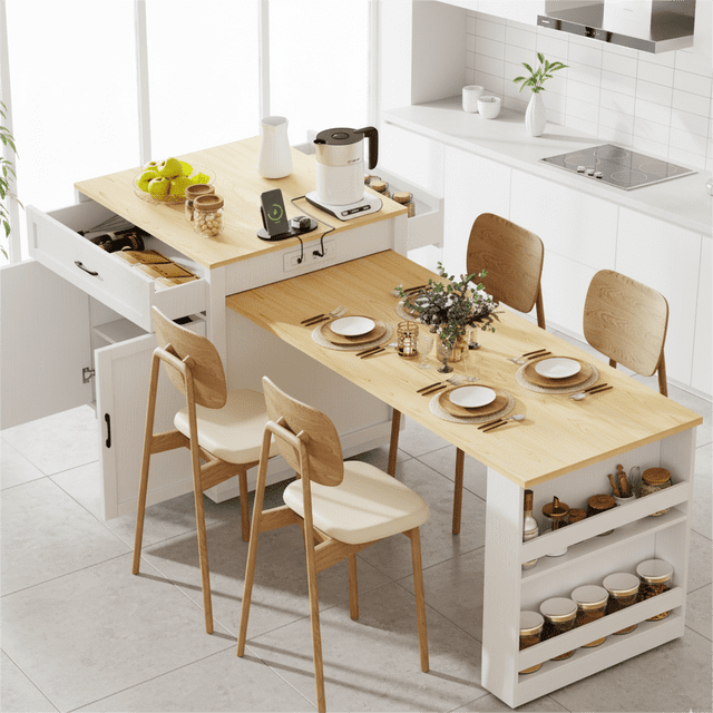 Homy Casa Kitchen Island with Extendable Dining Table and Storage Shelves featuring a light wood extendable dining surface with four wooden chairs with cream cushions, white base with dual-sided storage shelves holding jars and spices, and a top prep area with kitchen appliances, ideal for meal prep and dining convenience.
