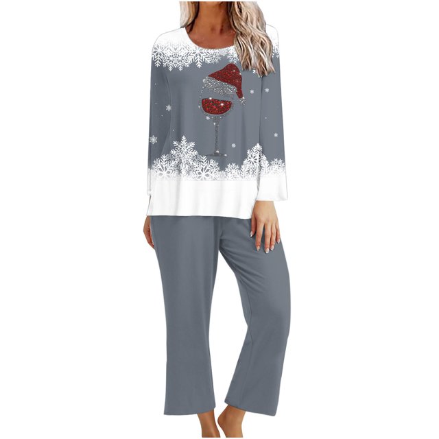 Pisexur Pyjamas de Noël pour Femmes Ensemble Deux Pièces Tendance Vacances Imprimé Verre de Vin Rouge Pjs Décontractés Manches Longues Col Rond Hauts Pantalons de Pyjama Vêtements de Nuit