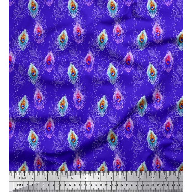 Soimoi Blue Poly Georgette Fabric Peacock Feather Print Fabric by the Yard 52 Inch Wide