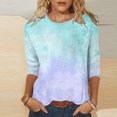 thumbnail image 2 of Besolor T-Shirts à Manches 3/4 pour Femmes, Tendance, Col Ras du Cou Teinture sur Nœuds, Hauts Décontractés Amples, Blouse T-Shirts pour Sorties, 2 of 5