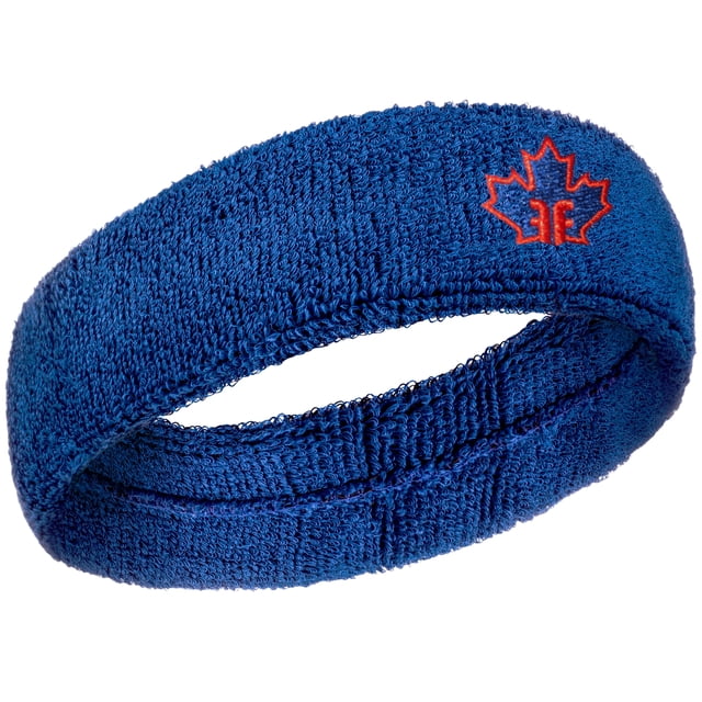 Daily Living Fall Safety Headgear by Forcefield® in a sweatband style, made from blue cotton terry material with stretch for a secure fit. Features a red maple leaf logo and is designed to reduce impact force by over 50%. Certified protective headgear suitable for non-collision sports like soccer, curling, and pickleball, as well as for medical and balance safety applications.
