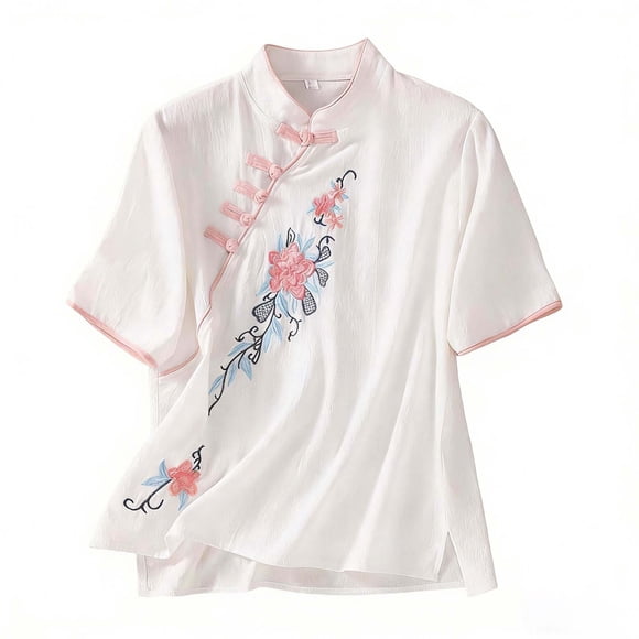 Wo-Fusoul Top for Women, Casual Short Sleeve Blouse with Embroidery and Pankou Closure, Solid Color Summer Tunic, Loose Fit Boho Style, Light Blue