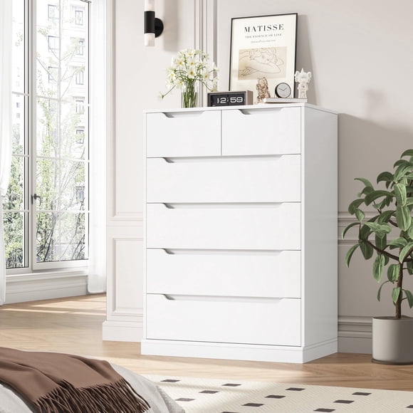 Homfa Commode Blanche à 6 Tiroirs, Armoire de Rangement en Bois de 43,3 Po de Hauteur avec Base Verticale Stable Améliorée pour Chambre et Salon