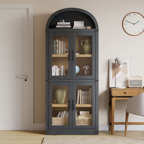 Tall Arched Bookcase with Glass Doors – 4-Door Wooden Storage Cabinet – Modern Freestanding Entryway Organizer for Living Room, Home, or Office – Black, Glass Door