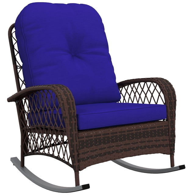 Outsunny Rattan Rocking Chair with Soft Cushion for Garden, Dark Blue