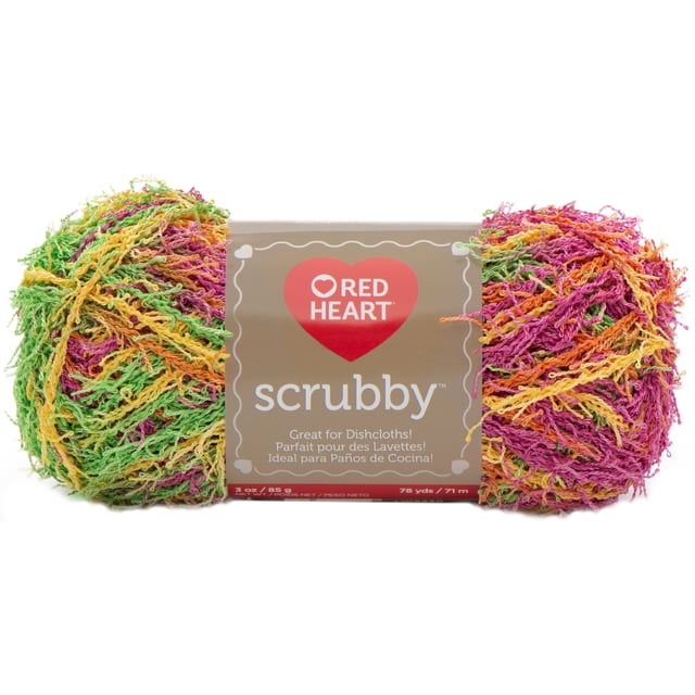 Red Heart® Scrubby™ Yarn, 3 oz (85 g) polyester #4 medium textured yarn with multicolored loops in green, yellow, orange, and pink, ideal for knit or crochet dishcloths and exfoliating washcloths, shown in a tangled skein with a beige label featuring the Red Heart logo.