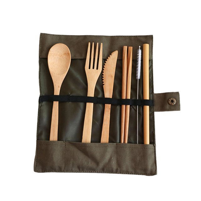 6PCS Bamboo Tableware Set Portable Outdoor Flatware Eco-friendly Travel Cutlery Food Serving Kit (Dark Green)