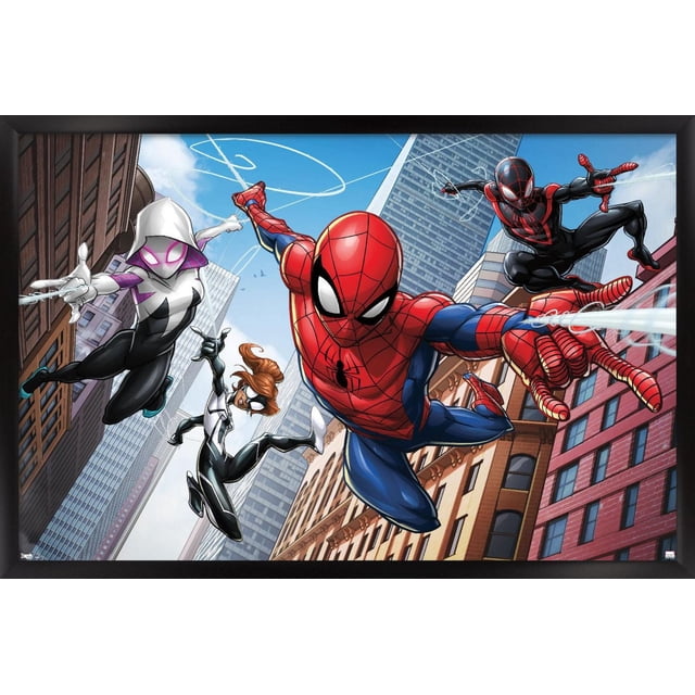 Marvel Comics - Spider-Man - Web Heroes Affiche Murale, 22,375 Pouces x 34 Pouces, Cadre Noir, Représentant Quatre Personnages de Spider-Man Se Balançant dans un Paysage Urbain avec de Hauts Bâtiments sous un Ciel Bleu, Incluant Spider-Man Classique Rouge et Bleu, Spider-Man Noir et Rouge, Spider-Gwen Blanche et Noire, et Spider-Woman Noire et Blanche, art Mural Adapté aux Chambres, Bureaux Ou Dortoirs.