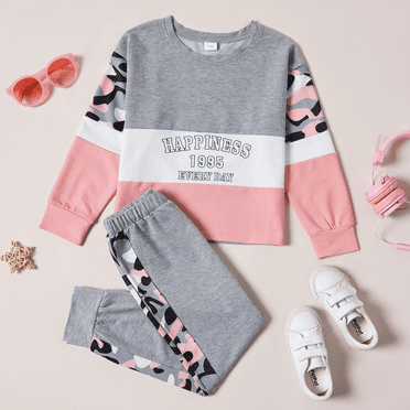 PatPat Kid Girls Pullover Printed Colorblock Sweatshirt and Joggers Set 2 Piece Sizes 4-12