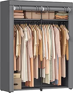 SONGMICS Closet Storage Organizer, Portable Wardrobe with Hanging Rods, Clothes Rack, Gray