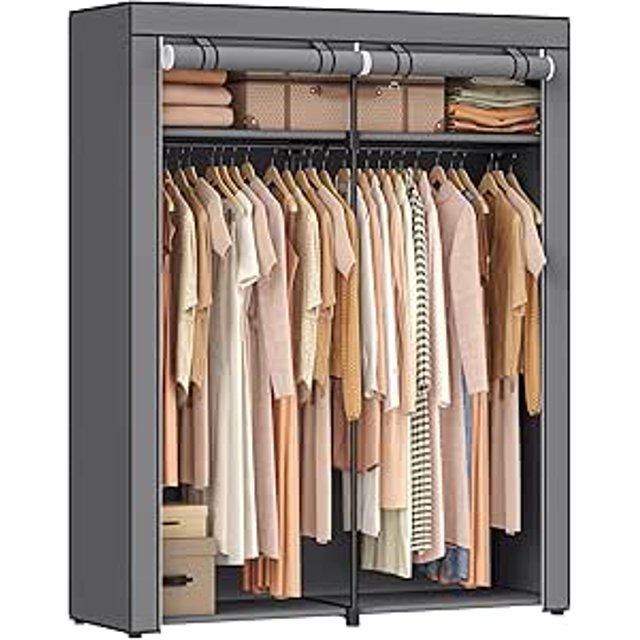 SONGMICS Closet Storage Organizer, Portable Wardrobe with Hanging Rods, Clothes Rack, Gray
