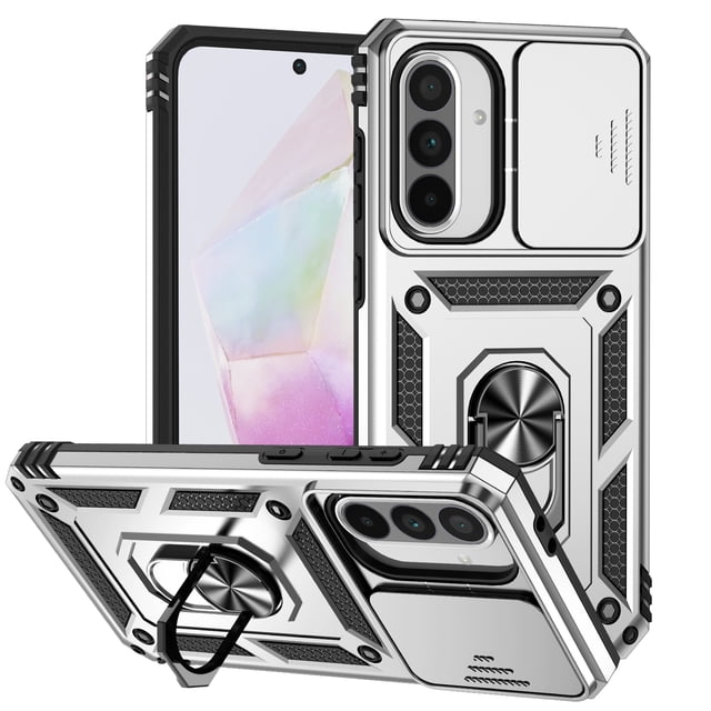 TYJKeJi Case with Stander Holder Kickstand Drop Resistant Shockproof Case for Samsung Galaxy A36 5G. This hybrid protective case features a dual-layer design with a soft TPU silicone frame and a hard PP back cover for enhanced durability. It includes a 360-degree rotating ring holder that doubles as a kickstand for hands-free viewing. The case has a matte solid color finish, anti-fingerprint material, and a four-corner edge airbag anti-fall design for superior impact absorption. Slim and lightweight, it is designed for portability and a comfortable touch.