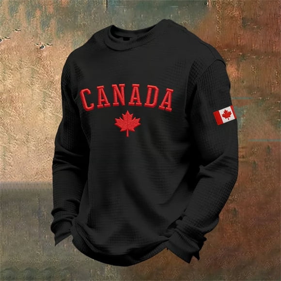 Men's Long Sleeve Knit T Shirt with Canadian Graphic for Everyday Casual Wear in Fall and Winter