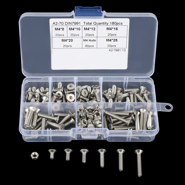 180pcs Flat Head Screws M4 304 Stainless Steel Flat Head Screws Nuts Assortment Kit With Box, Nut