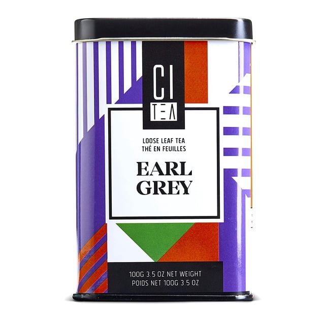 Earl Grey Loose Leaf Tea by Citea, a premium black tea in a 100 g (3.5 oz) tin. The packaging features a vibrant design with purple, orange, green, and white accents, and prominently displays the product name. Made from high-quality pure Ceylon black tea, flavored with bergamot for a sophisticated taste. Ideal for brewing at 90-100°C for 3 to 5 minutes, it can be enjoyed hot, iced, with cream, or as a latte. Certified with ISO 2000, GMP, HACCP, Halal, and Fairtrade standards.