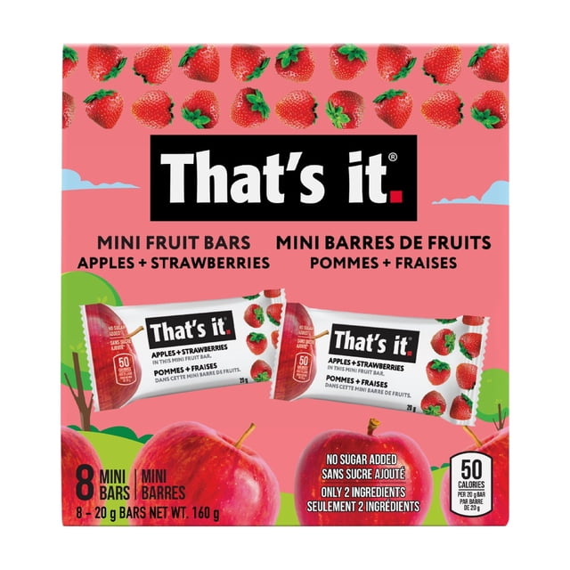 That's it. Mini Strawberry Fruit Bar 8ct 20g box containing 8 mini fruit bars made from apples and strawberries with no added sugar, gluten-free and vegan. These plant-based snack bars are ideal for healthy on-the-go snacking.