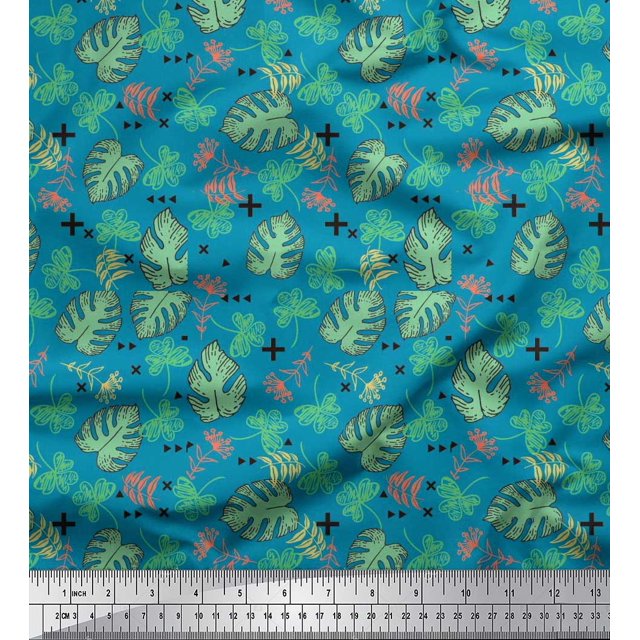 Soimoi Polyester Crepe Fabric Geometric Sign,Clover & Monstera Leaves Print Fabric by The Yard 42 Inch Wide