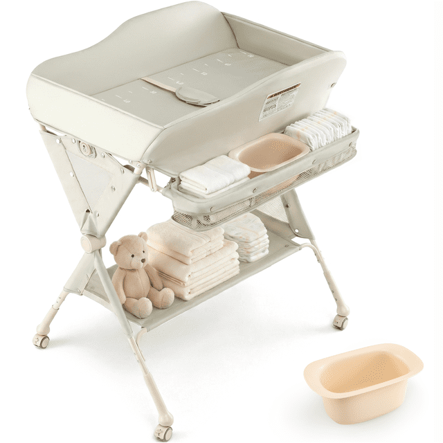 INFANS Table à Langer pour Bébé avec Roues, Poste à Couches Pliant Portable Organisateur de Chambre de Bébé avec Panier de Rangement, Étagère Suspendue, Hauteur Réglable, Ceinture de Sécurité pour Nouveau-Né Nourrisson