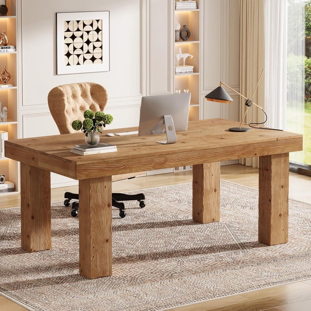 Tribesgins Solid Wood Executive Desk, 63-Inch Home Office Computer Desk with Sturdy Wooden Legs, Farmhouse Simple Writing Study Table Business Workstation for Home Office, Light Brown