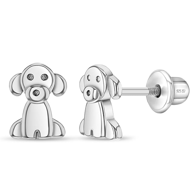 Boucles d'Oreilles pour Enfants / Enfants / Filles avec Fermoir Vissé - Argent Sterling. Ces Boucles d'Oreilles en Argent Sterling 925 Présentent un Mignon Motif de Chien avec des accents Étincelants, Mesurant 7 mm de Large par 8 mm de Haut. Conçues avec un Poteau Fileté et un Fermoir Vissé pour un Port Sécurisé, Elles Sont Hypoallergéniques et Sécuritaires pour les Jeunes Filles et les Préados aux Oreilles Sensibles. Comprend une Boîte-Cadeau Gratuite.