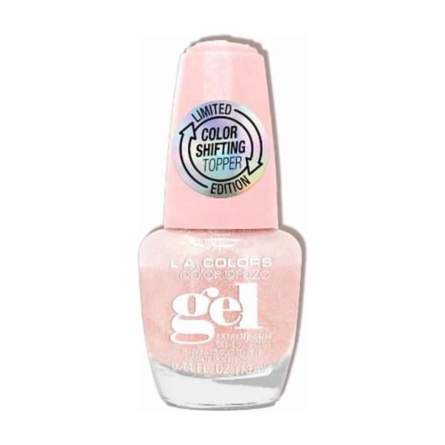 Galactic Glam Color Shifting Gel polish in a 13ml clear glass bottle with a pale pink cap featuring a holographic 'Limited Color Shifting Topper Edition' label, containing shimmery pale pink gel polish by L.A. COLORS, designed for nail care without UV light and easy removal, suitable for layering to transform nail color with cosmic shimmer.