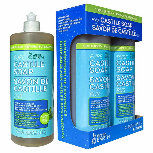 Green Earth Savon Liquide de Castille Pur, 1 L, Lot de 2. l'Image Affiche Deux Bouteilles de Savon de Castille, Chaque 1 L, avec une Formule Faite à Partir d'Ingrédients du Commerce Équitable et d'Huiles Biologiques. le Savon Est Sans sulfates, Parabènes, Produits Pétrochimiques, Colorants et Essais sur les Animaux, et Est Végétalien. Il Est Créé dans une Installation Certifiée LEED, Convient aux Peaux Sensibles, et Offre des Usages Polyvalents.
