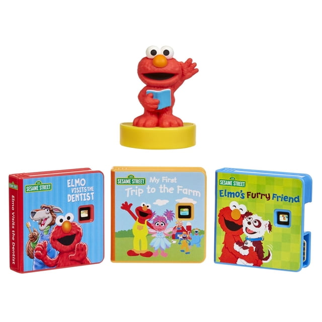 Little Tikes Story Dream Machine Sesame Street™ Elmo & Friends Story Collection featuring a red Elmo figure holding a blue book on a yellow base, with three story cartridges titled 'Elmo Visits the Dentist,' 'My First Trip to the Farm,' and 'Elmo's Furry Friend,' designed to project stories and support early reading skills for children ages 3 and up.