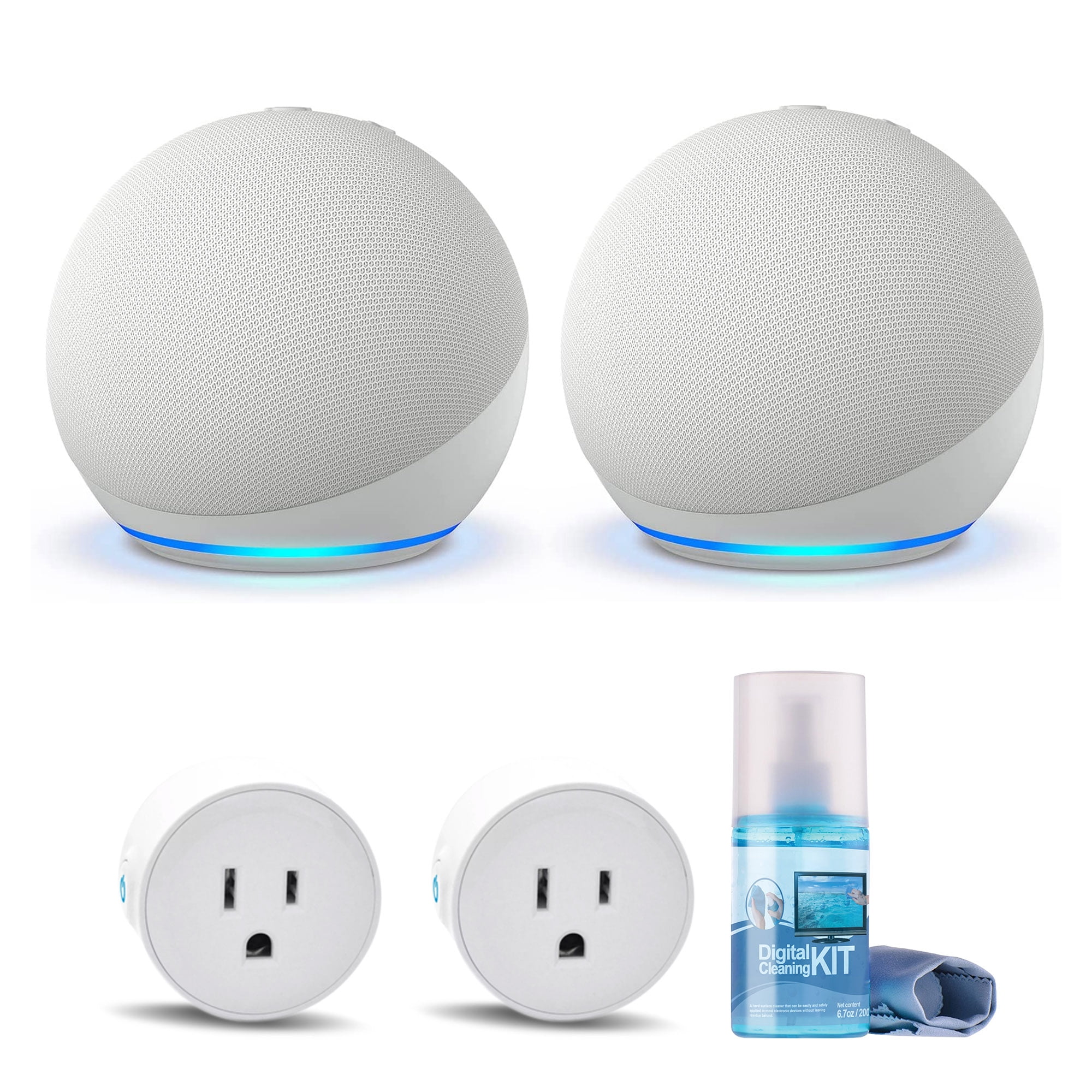 2-Pack Echo Dot (5th Gen, 2022 Release) (Glacier White) with 2-Wifi Smart Plugs and Cleaning Kit