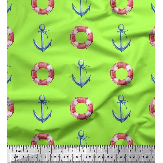 Soimoi Green Rayon Fabric Life Ring & Anchor Hook Nautical Decor Fabric Printed Yard 42 Inch Wide