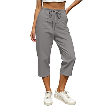 Scyoekwg Women's Sweatpants Comfy Casual Solid Color Ladies Sweatpants Cotton Linen Elastic Waist Straight Leg Pants With Pockets Loose Trousers Gray,L