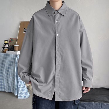 AherBiu Mens Long Sleeve Shirts Button Down Lapel Collar Casual Loose Fashion Casual Loose Solid Color Lightweight T Shirt Tops