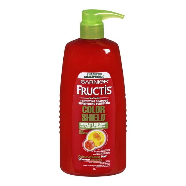 Garnier Fructis Shampooing Protection Complète des Couleurs en Bouteille Rouge de 1 L avec Distributeur à Pompe Verte, Formulé avec de l'Huile de Graines de Camélia, de l'Extrait de Baie d'Açai et des Filtres UV pour Protéger et Nourrir les Cheveux Colorés, Améliorant l'Éclat, la Brillance et la Douceur.