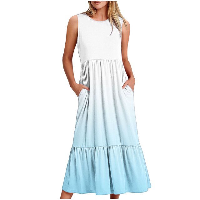Dvkptbk Summer Robes Décontractées de Plage pour Femmes 2024 Mode Robe Dégradée Robe Midi Sans Manches Robe Évasée Robe Débardeur Robe d'Été Plissée Robe Débardeur avec Poches