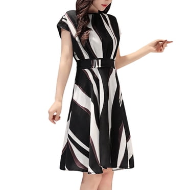 SHOPESSA Vêtements Grande Taille pour Femmes Mode Robe de Bureau pour Femmes Ceinture Col Rond Manches Courtes Robe Longueur Genou