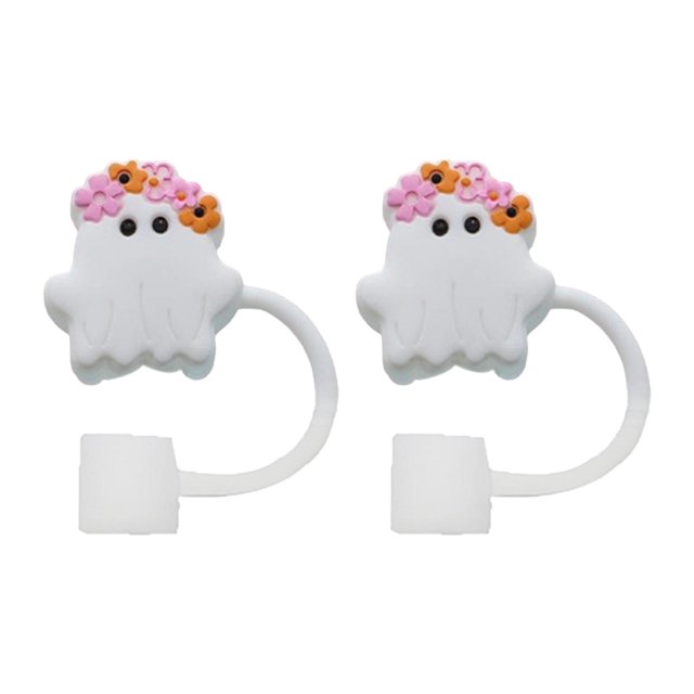 veasfak 2 Pieces Ghost Silicone Straw Toppers Parties Reusable Ghost Straw Cover Cap Wreath