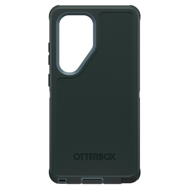 OtterBox Defender Pro Case Sagebrush for Samsung Galaxy S25 Ultra shown from the back with a textured sagebrush green tri-layer design, reinforced corners, port covers, and a large camera cutout, engineered for military-grade drop protection and Qi wireless charging compatibility.