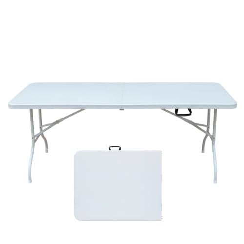 Yiwa Portable 6 Ft Fold-in-Half Table, Adjustable Height Plastic Utility Table with Carrying Handle for Camping and Parties