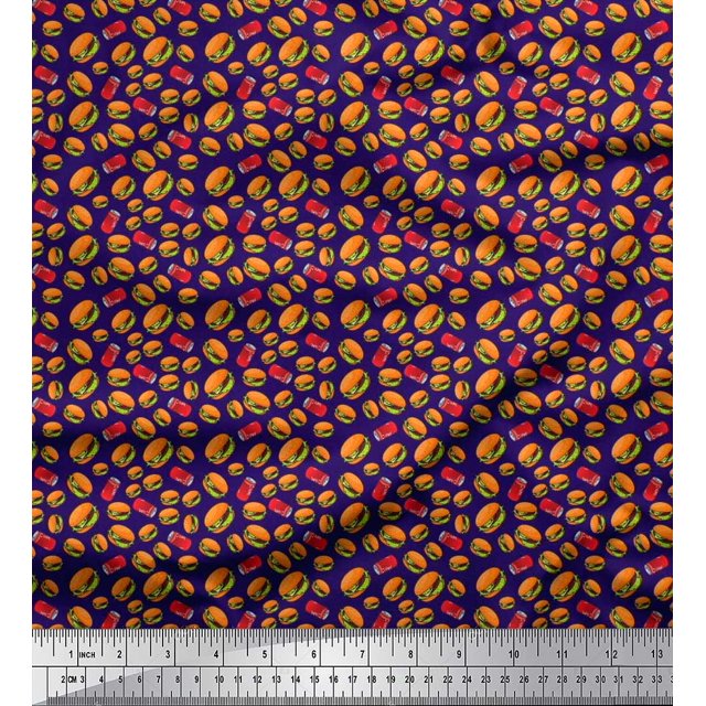 Soimoi Polyester Crepe Fabric Coke & Burger Food Print Fabric by Yard 42 Inch Wide