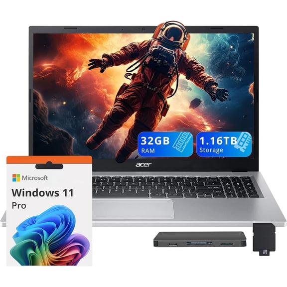 acer Aspire 3 15.6" FHD Laptop, AMD Ryzen 5 7430U, 32GB RAM, 1.16TB Storage(1TB SSD+160GB Docking Station Set), AMD Radeon Graphics, Backlit Keyboard, HD Webcam, Wi-Fi 6, Windows 11 Pro, Silver