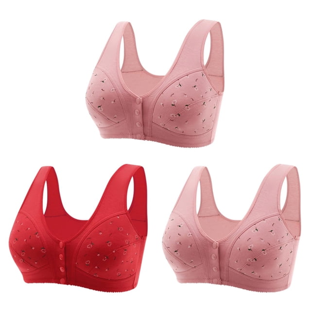 fheaev Summer Savings Clearance Front Closure Bras For Women Full Coverage Bra 3PC Women Middle-Aged And Elderly Printed Front Buckle Without Steel Ring Underwear Soft Large Size Underwear Bra