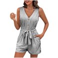 thumbnail image 1 of hotojiny Combinaison d'Été pour Femmes Décontractée Col en V Boutonnée Sans Manches Mode Rayée Ceinturée Tenue de Plage une Pièce, 1 of 6