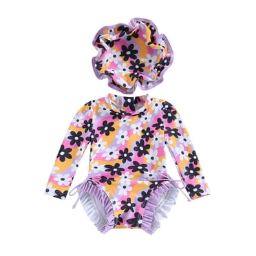 Gupgi Baby Girl Floral Rash Guard with Sun Hat, 3 6 12 18 24 Months One Piece Swimsuit Long Sleeve Zipper Ruffle Swimwear Summer Bathing Suits