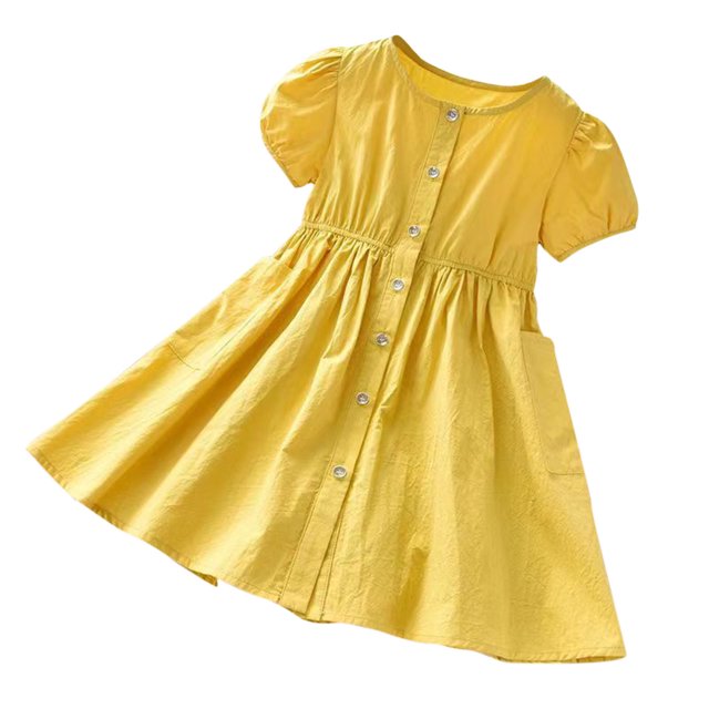 Yanlir Robe à Boutons à Col Rond pour Filles 2-7 Ans Été à Manches Courtes Mignonne avec Nœud Robe de Princesse pour Occasions Confortables et Polyvalentes (Jaune, 6 Ans)